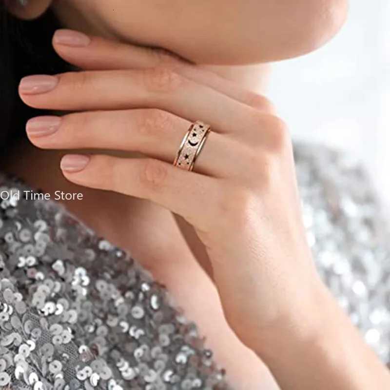 Stainless Steel Ring Fashion Simple Hollow Frosted Star Moon Ring Rotatable Decompression Ring S250716