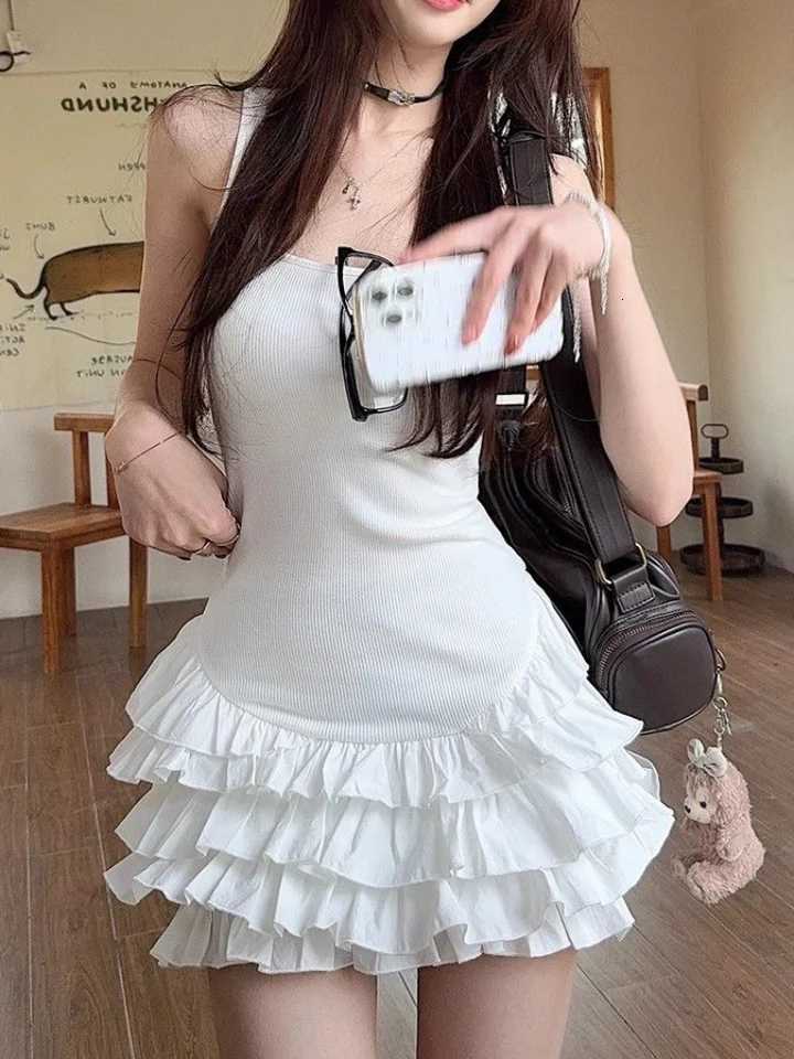 Sexy U-Neck Sleeveless Mini Dresses Fashion Women Summer New White Solid Y2K Ruffle Pleated Cake Bodycon Casual Party Dresses R250716