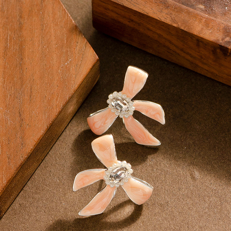 French Gentle Temperament Style Oil Drop Dia-Studded Bowknot Earrings for Women, Unique Personality Design Sier Needle Ear Jewelry