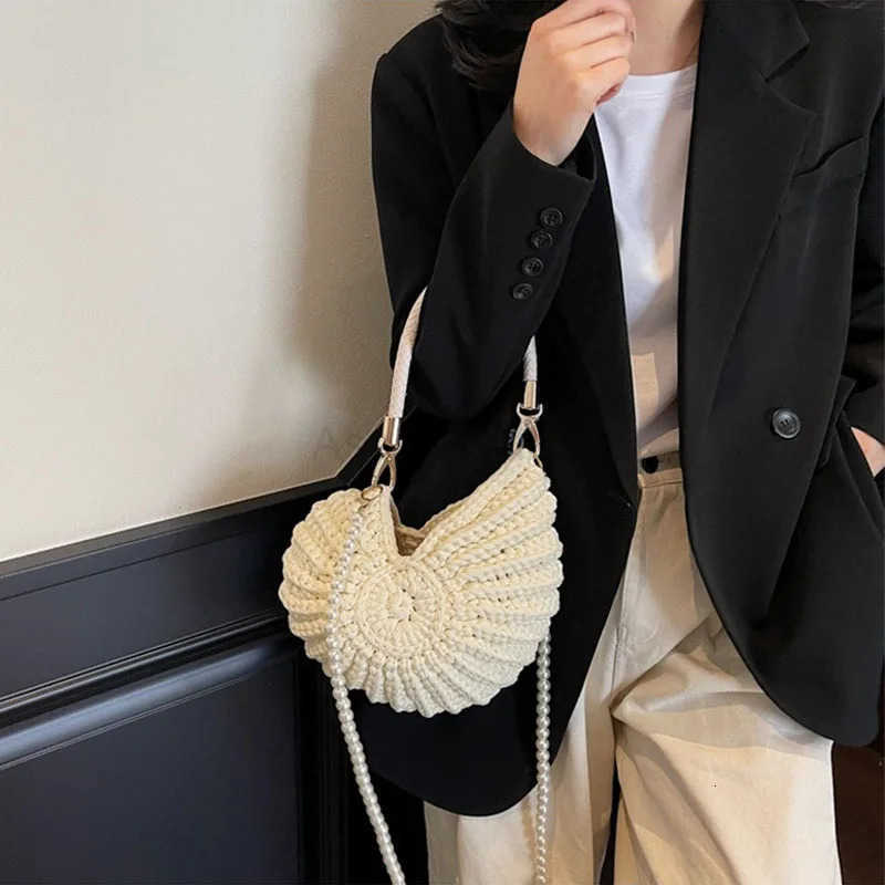 Summer Ocean Conch Shell Crochet Bags Handwoven Pearl Accent Shoulder Bag Cute Small Beachy Purse Womens Boho Crossbody Handbag M250716