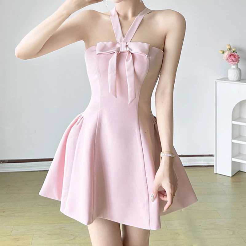1M Hot Bow Halter-Neck A-Line Dress Pink Coquette Aesthetic Puffy Mini Dresses for Party Evening Holiday Outfits Sexy Robe New R250716