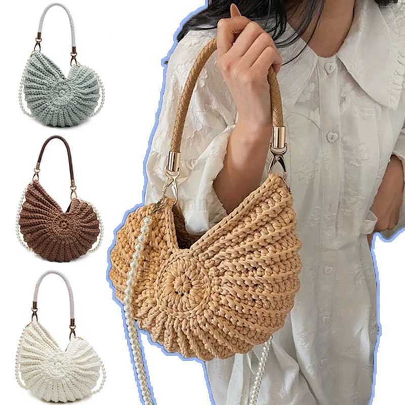 Summer Ocean Conch Shell Crochet Bags Handwoven Pearl Accent Shoulder Bag Cute Small Beachy Purse Womens Boho Crossbody Handbag M250716