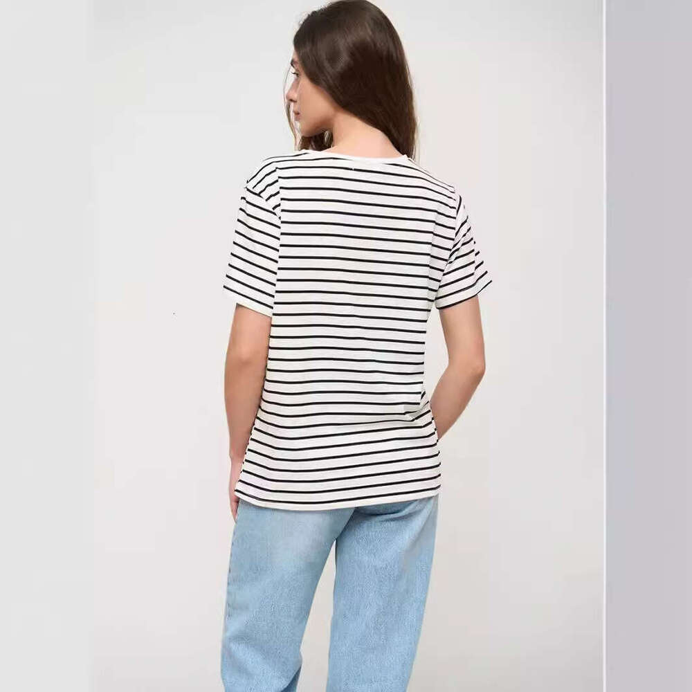 Summer Women's New Style Elegant Commuter Versatile Round Neck Black And White Striped Short Sleeve T-Shirt B5