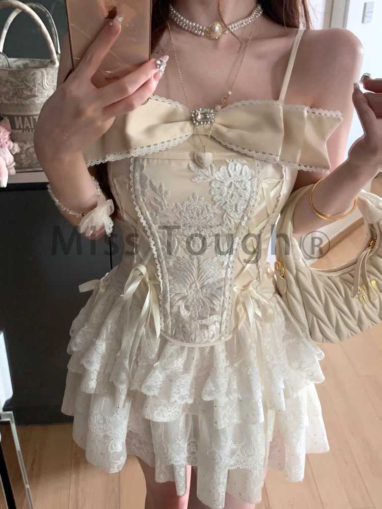 Summer Princess Elegant Mini Skirt Suit Women French Fashion Casual Y2k Lolita 2-Piece Set Female Lace Solid Bow Kawaii Set 2024 R250716