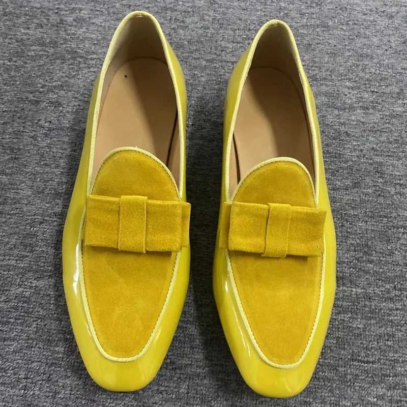 New Yellow Patent Leather Shoes Fashion Bowtie Loafer Mens Dress Shoes Handmade Slip On Mens Casual Shoes Party And Prom Shoes W250716