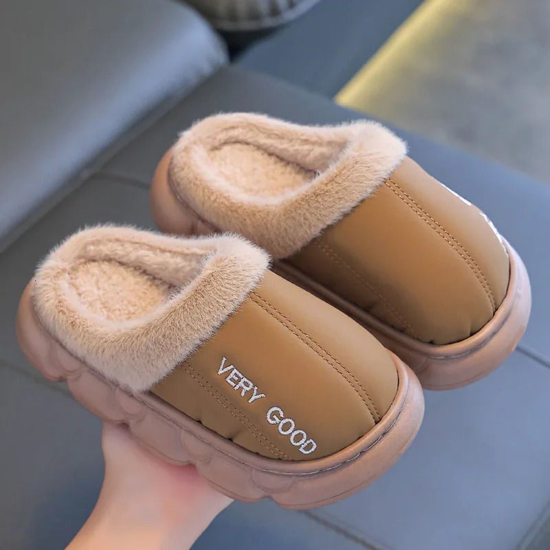 Childrens PU Leather Plush Slippers Soft Sole Non-slip Winter Warm Baby Boys Girls Indoor Home Cotton Shoes 250716
