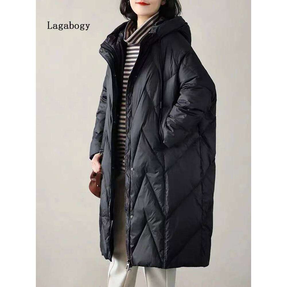 Lagabogy 2025 New Women 90% White Duck Down Long Jacket With Hooded Casual Loose Thick Parkas Female Winter Warm Windproof Coat