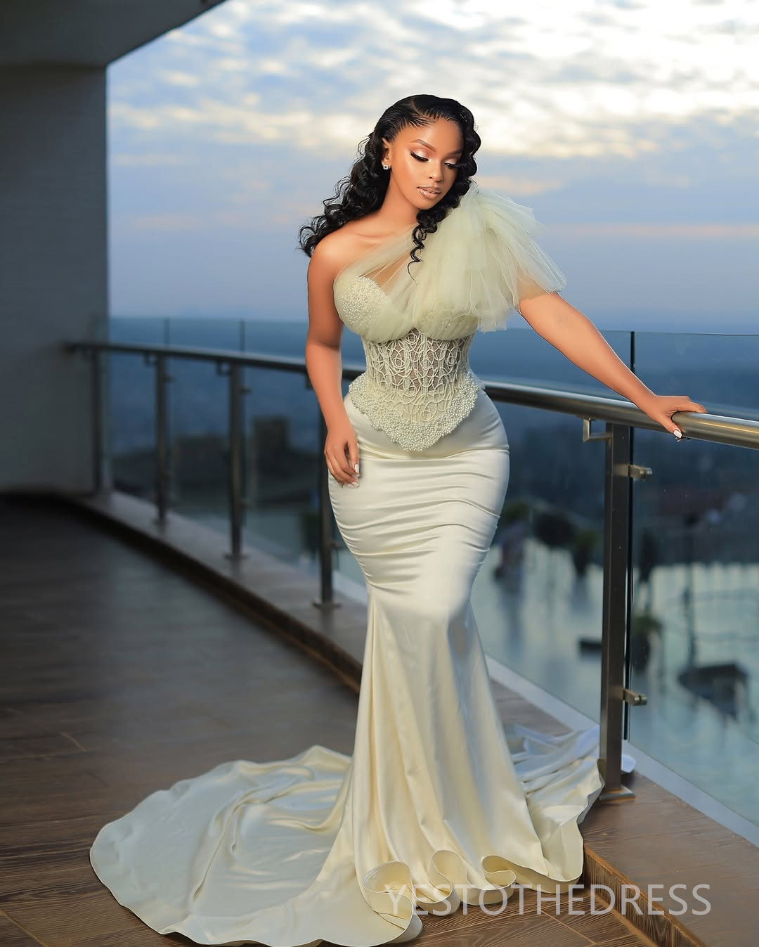 2025 One Shoulder Ivory Aso Ebi Prom Dress African Mermaid Prom Dresses Evening Formal Gowns Beaded Lace Birthday Dress Second Reception Gown AM2512