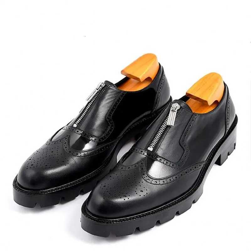 Handmade Genuine Leather Shoes for Men Oxfords Zipper Brogue Carved Office Shoes Wedding Dress Shoe Gentlemen Plus Size 38-45 W250716