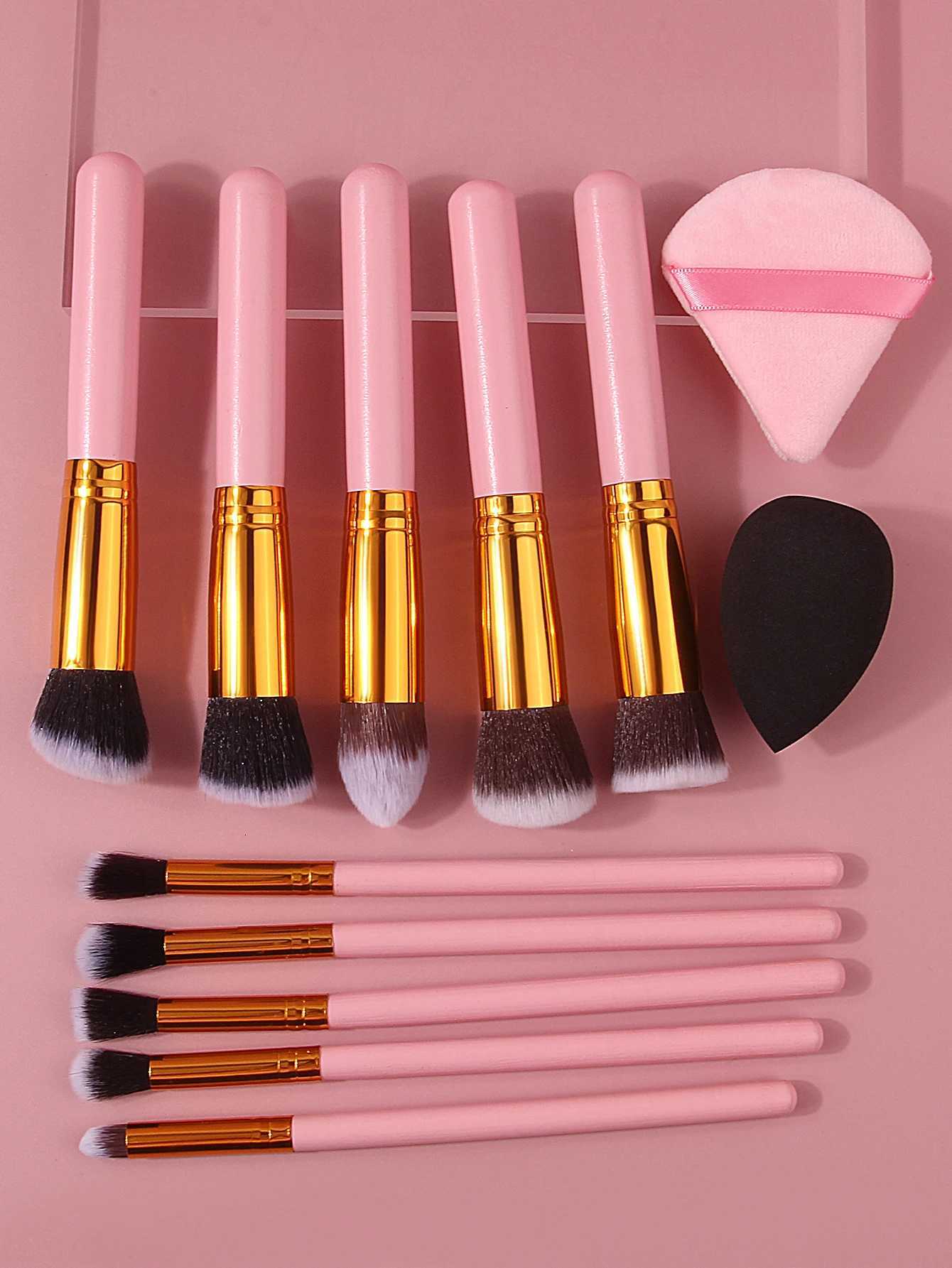 10pcs Pink Wooden Handle Makeup Brush Set with Triangular Powder Puff Sponge Egg Soft Bristles a Beginners Daily Makeup Tool XJ2500716