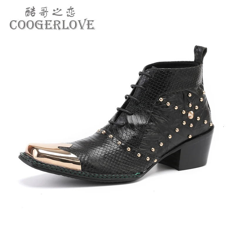 Spring Man Metal Fangtou Belt High-heeled Short boots Western Cowboy Boots Cowhide Serpentine Printing Stage show Party boots 250715