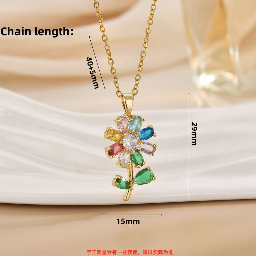 For Women, Internet Celebrity Colorful Zircon Flower, Niche Fashion New Design Pendant, Elegant Set, Titanium Steel Necklace 9A9