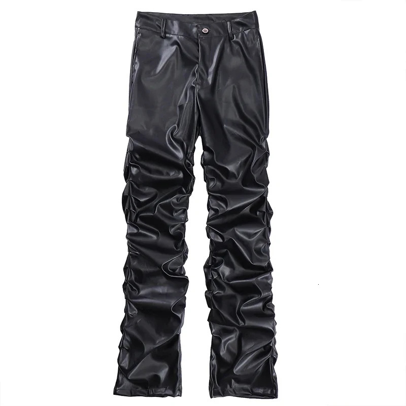 Hip Hop Mens Pleated Pu Leather Pants Harajuku Retro Streetwear Loose Ruched Casual Trousers Straight Solid Color Black y250704