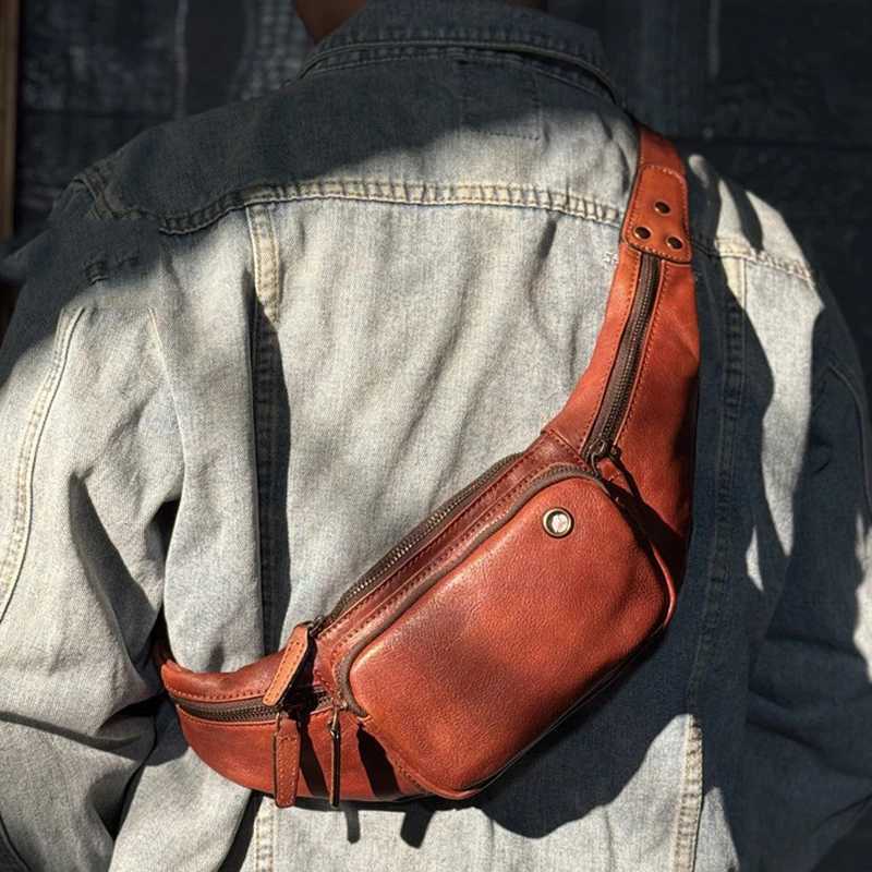 Leather bag with vegetable tanned cowhide multi-functional casual waist bag vintage bag.