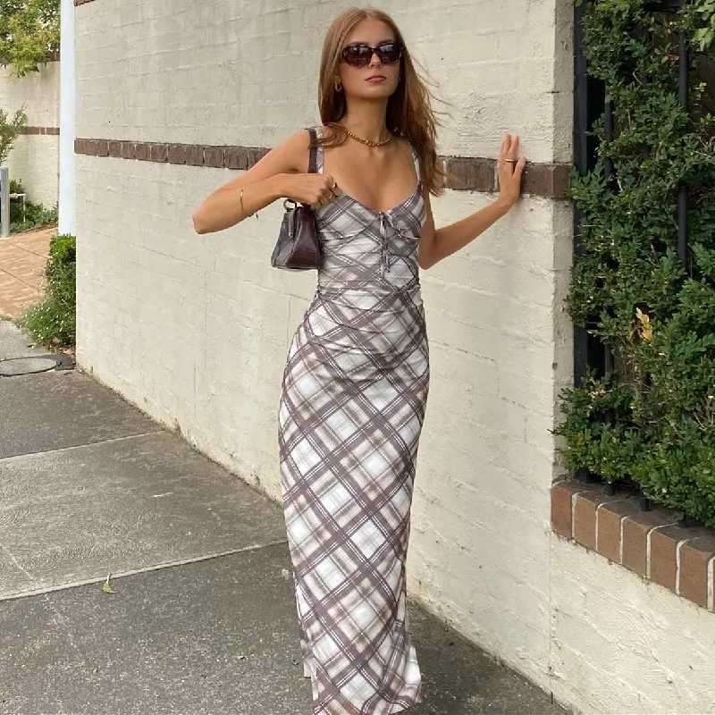 Vermint Plaid Print V-neck Maxi Dress Sexy Backless Spaghetti Straps Sundresses Autumn Club Party Women Slim Vestidos R250716