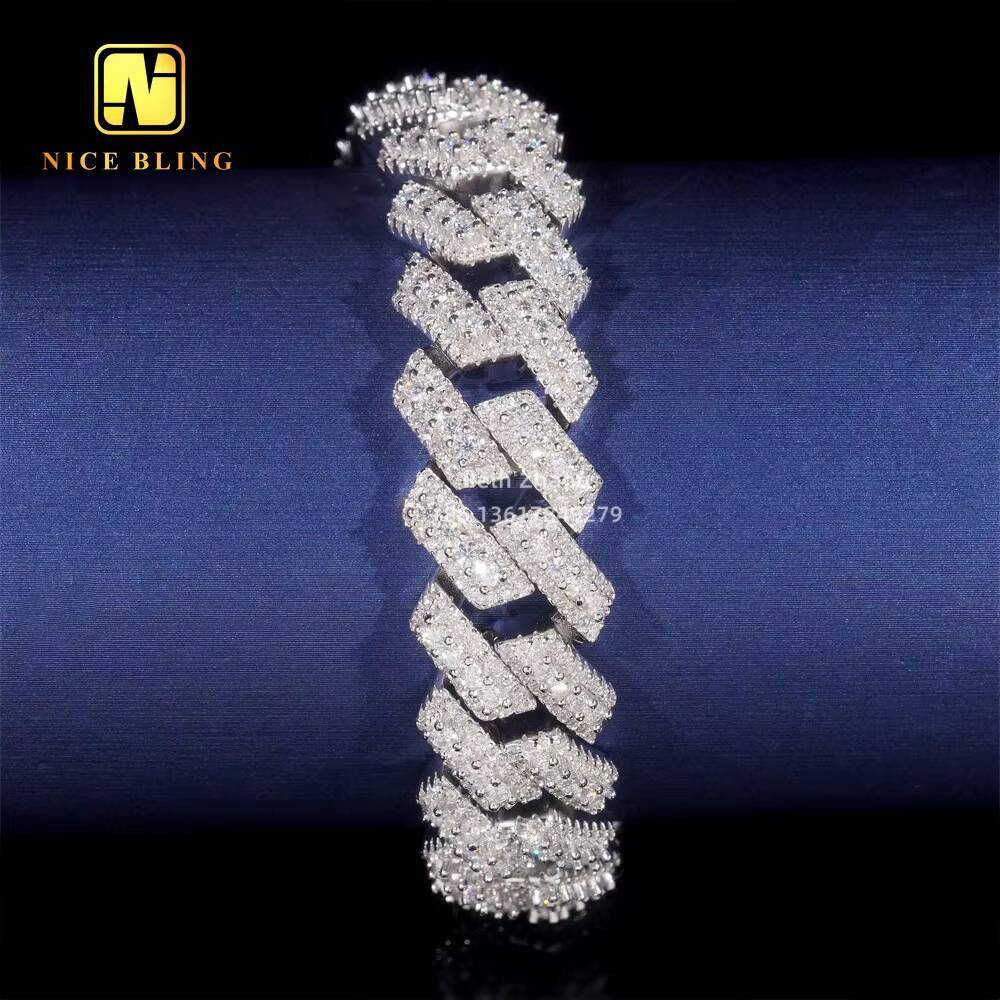 Men Hip Hop Bracelet 925 Silver Iced Out Jewelry VVS Moissanite Cuban Bracelet 3 Rows 15MM Lab Diamond Cuban Link Bracelet