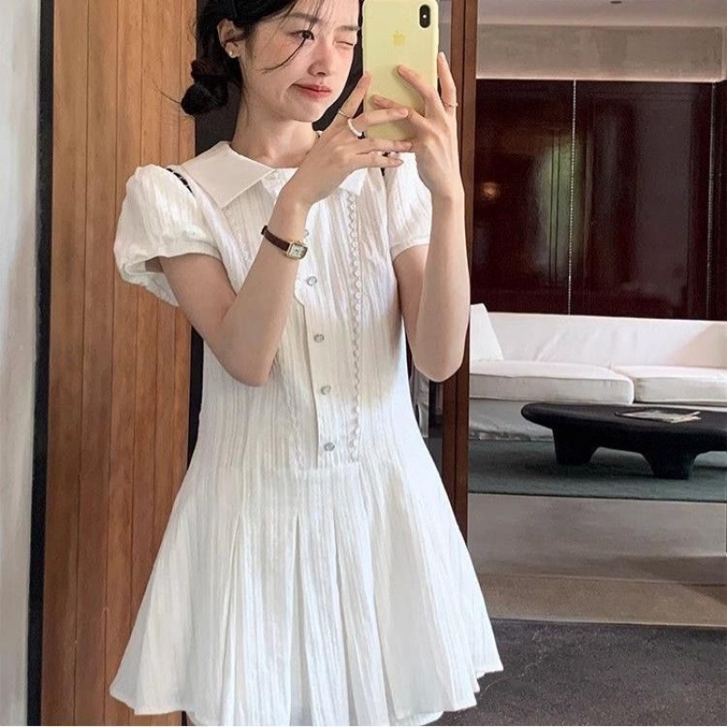 2025 Elegant Waist-Cinching French Dress Short Sleeve Shirt Summer New White Petite Pleated Skirt