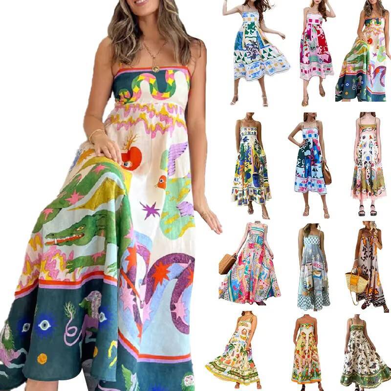 Elegant High Floral Print Casual Fashion Spring Summer Womens Dress Sleeveless One Shoulder Ankle Length Empire Waist dongdumaoyi