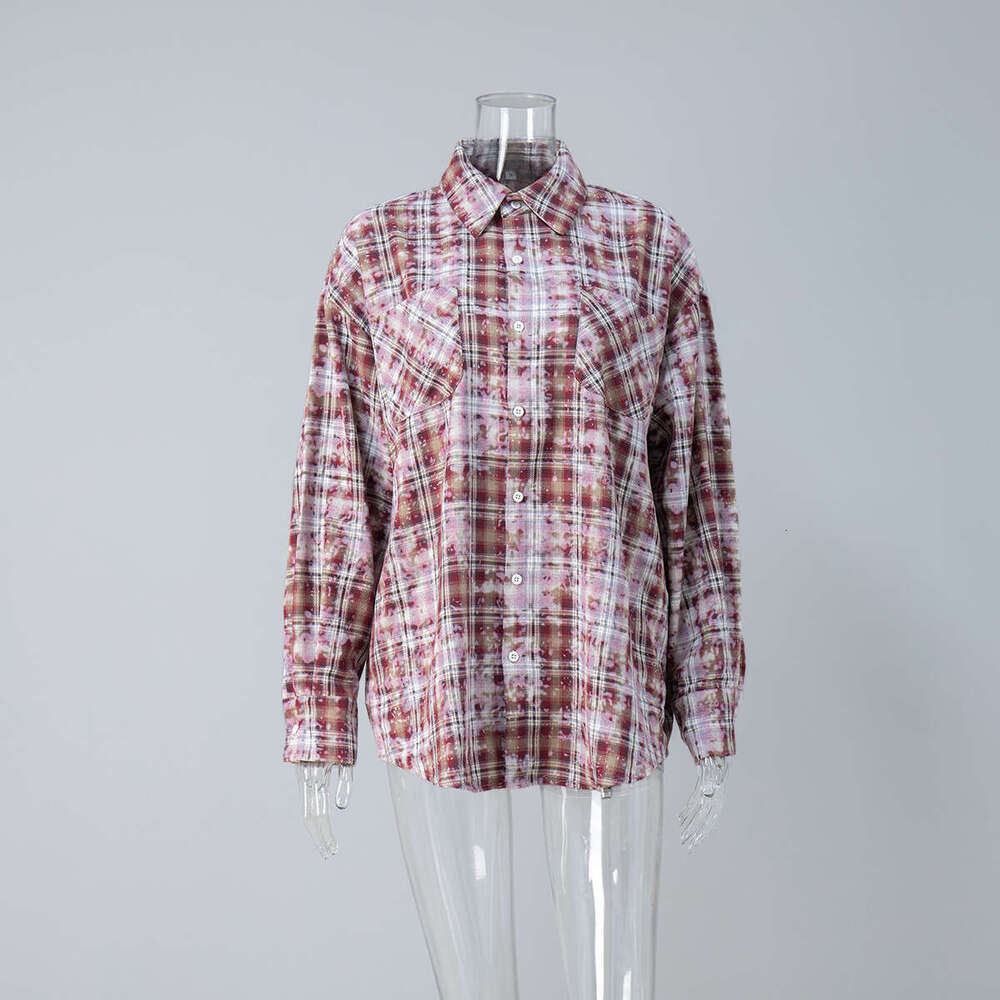 Long Sleeve Spring Summer New Style Outerwear Personality Street Vintage Plaid Shirt B5