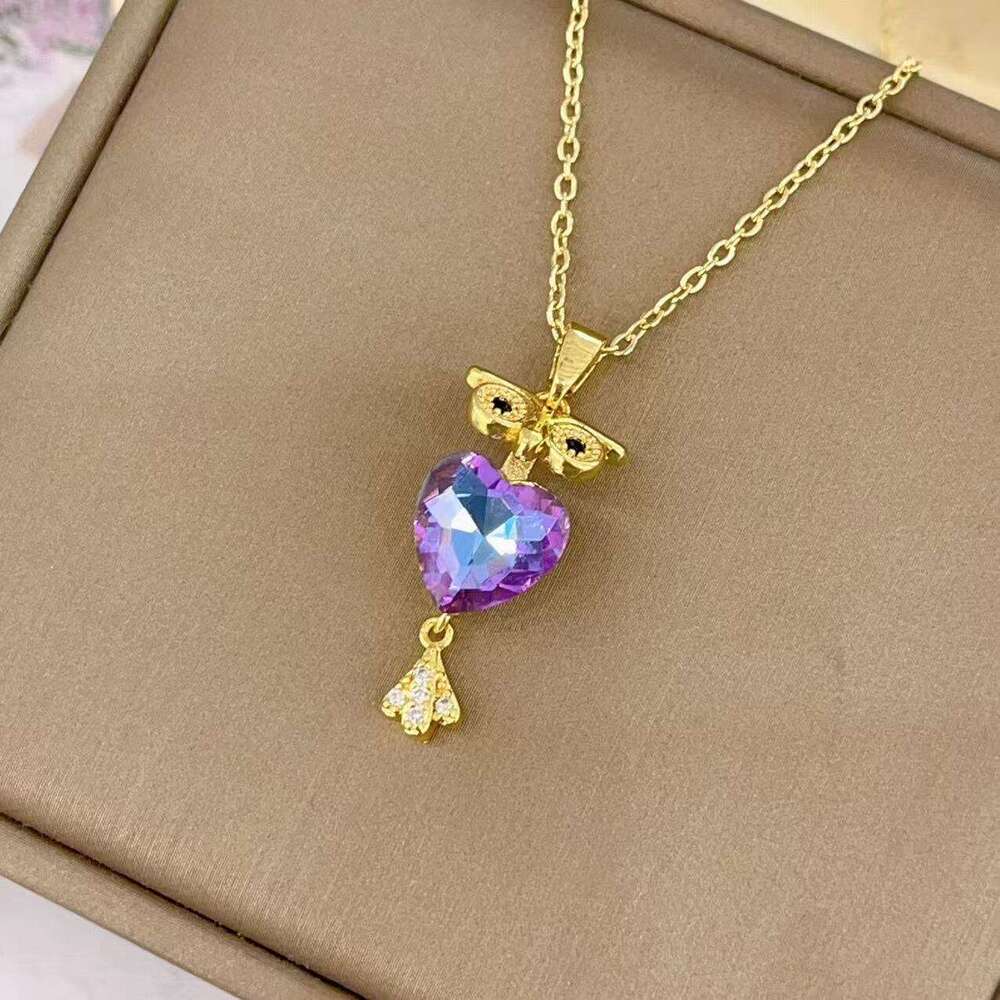 Micro-Inlaid Full Zircon Crystal Owl Pendant Necklace Titanium Steel Non-Fading Collarbone Chain B5a