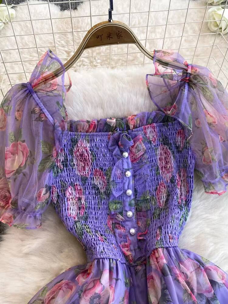 Summer Women Floral Mesh Midi Dress Sweet Square Collar Short Puff Sleeve Ruffle Vestidos Female Elegant Purple/Green/Red Robe dongdumaoyi