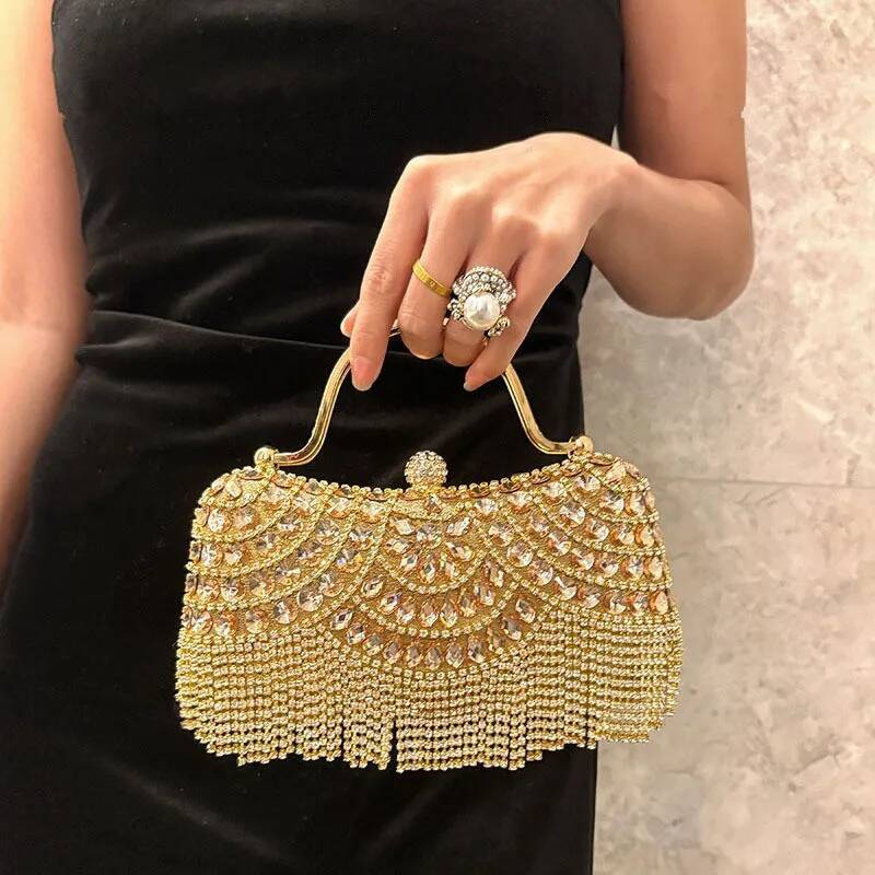 Dia Evening Clutch Bag Golden Tassel Handbag Boutique Novelty Metallic Rhinestone Purses And Handbags Bridal Wedding Party