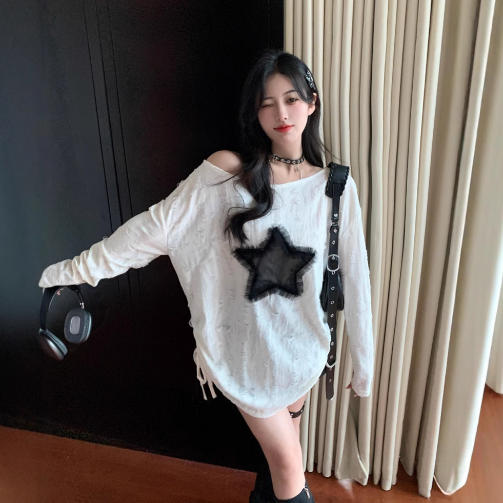 Summer New Women S T Shirt Spicy Girl Lazy Ripped Off Shoulder Long Sleeve T Shirt Women S Autumn Star Design Loose Drawstring Mid Length Top New Desi