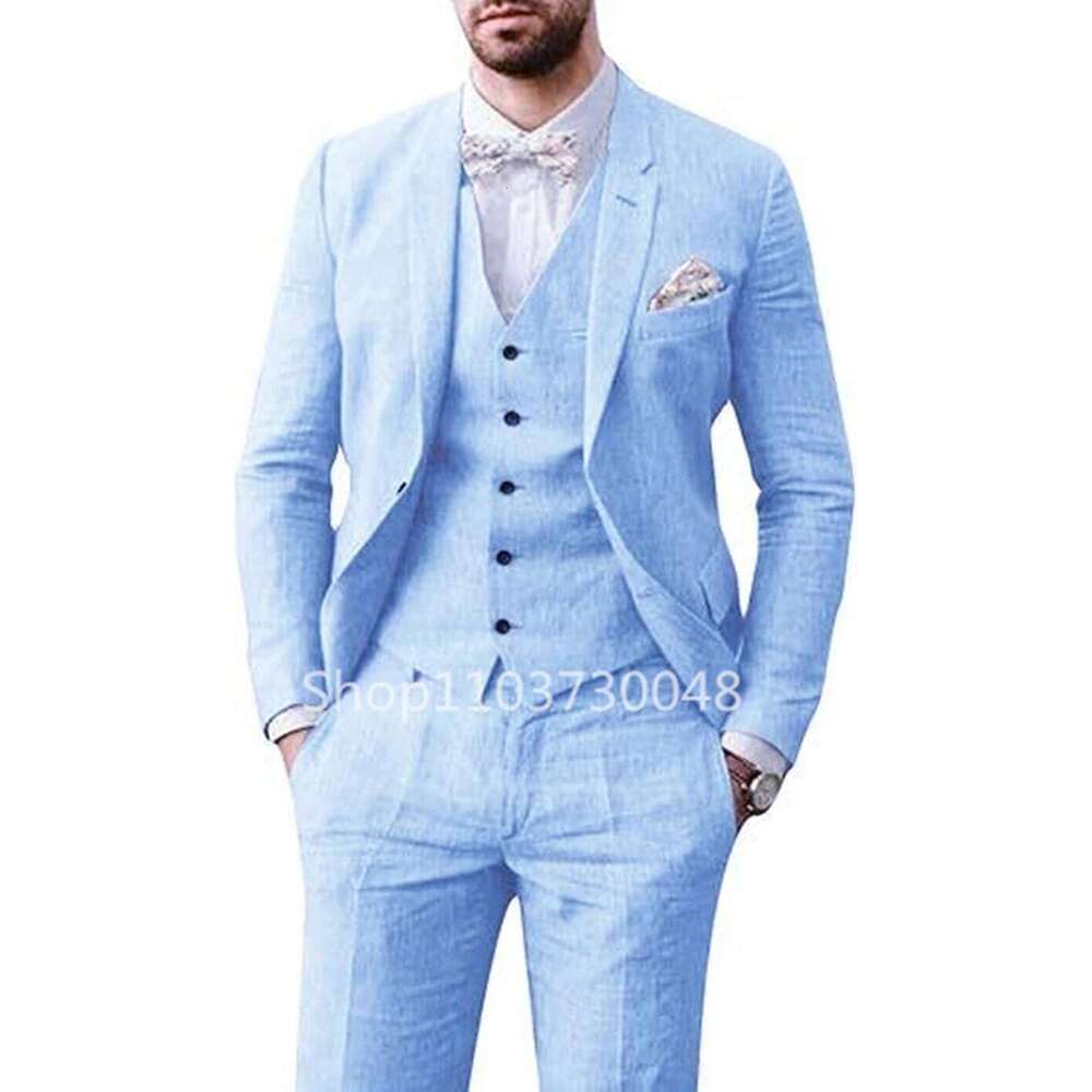 Elegant Beige/Blue Linen Men Casual Single Breasted Slim Fit Blazer Vest Pants High Quality 3 Piece Summer Wedding Suits