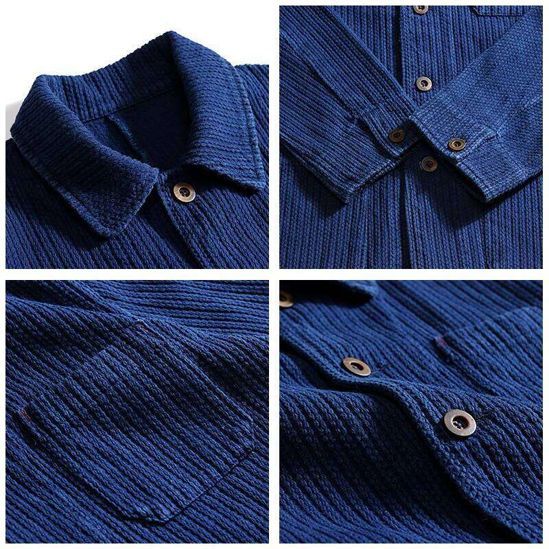 Indigo Cargo Men Vintage Heavy Weight Cotton Blue Dyed Workwear Tooling Jacket French Retro Multi-Pocket Cardigan Coat