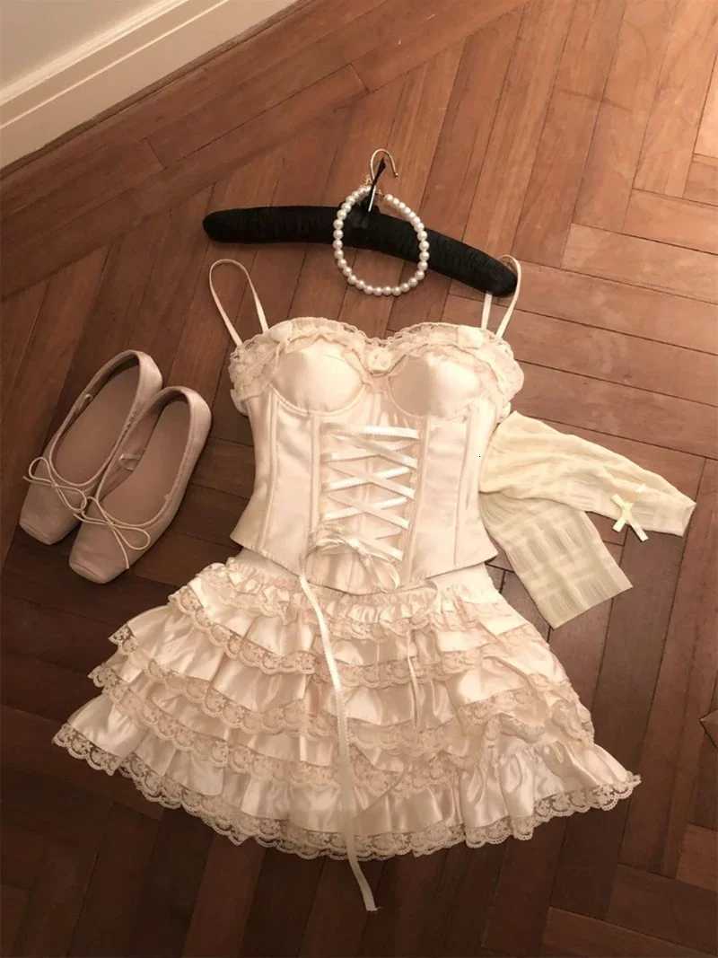 Mekst Y2K 2 Piece Sets Women Outfit Sexy Crop Lace Bandage Tank Tops + Ruffles Ball Gown Mini Skirt Summer Gyaru Design Clothes R250716