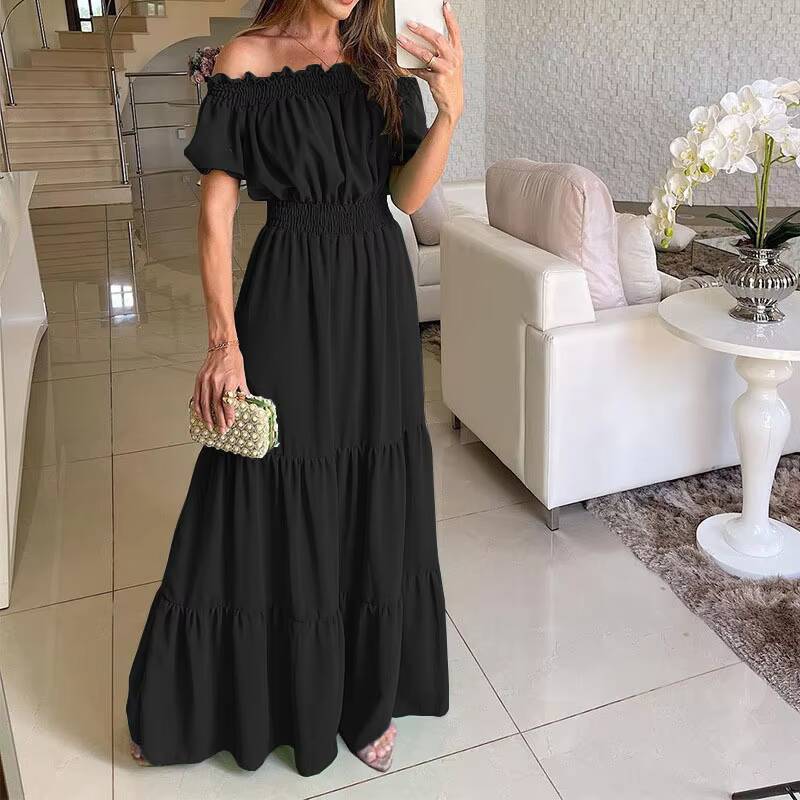 Sexy Slash Neck Short Sleeve Pleated Maxi Long Dress Summer Female Boho Red Loose Vestidos TCFS-1175 dongdumaoyi