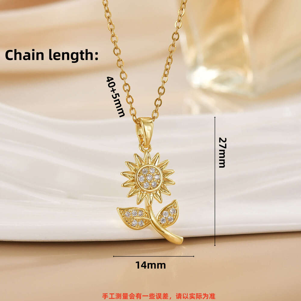 Micro Pave Zircon Flower Design Pendant Necklace For Women, Copper Plated Real Gold, Fashionable And Versatile With A High-End Feel B5f