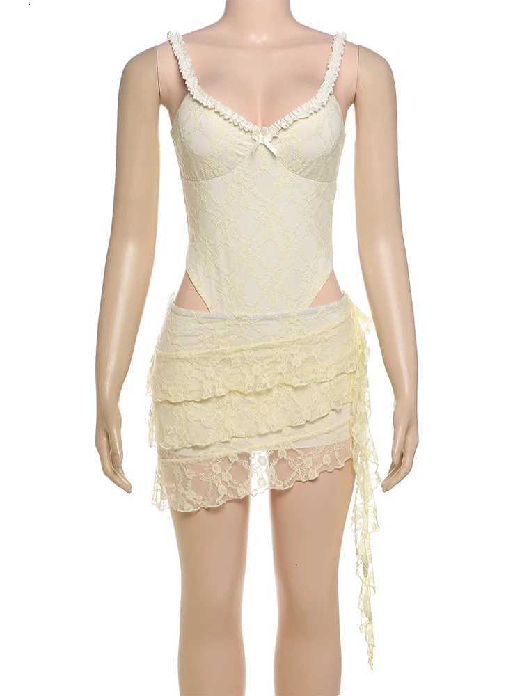 2 Piece Women Low-Neck Sleeveless Bodysuits+Ruched See Through Tassel Skirts Elegant Jacquard Weird Puss Beach Party Trend Suits R250716