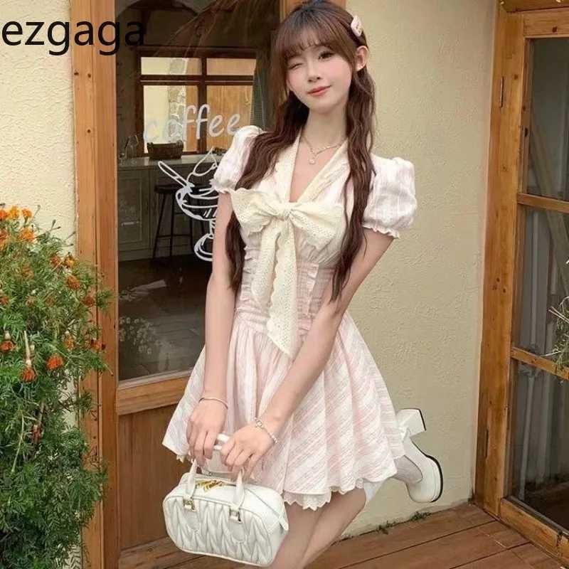 Ezgaga Womens Dress Sweet Bow Ruffles Patchwork Puff Short Sleeve Striped Summer Fashion Elegant Mini Dresses Female Princess R250716