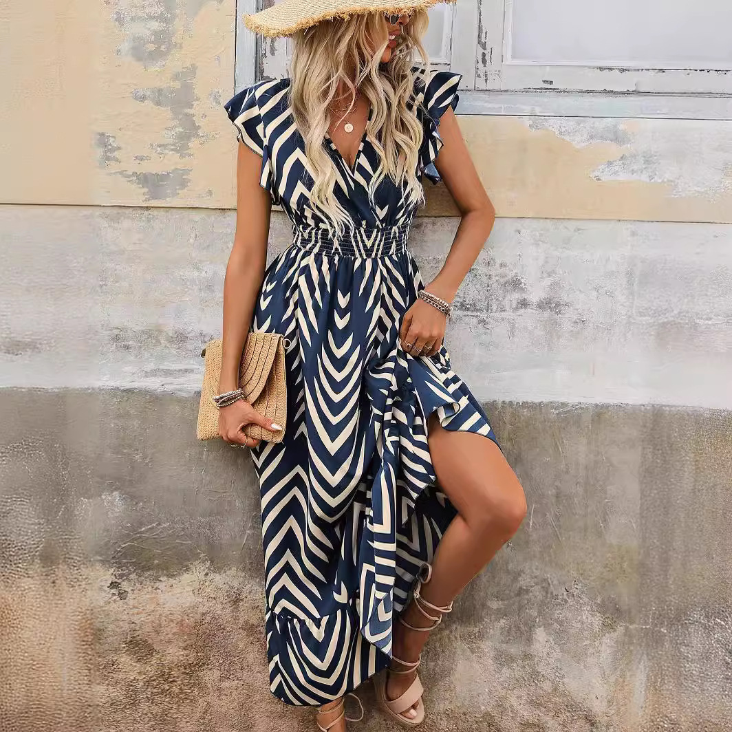2025 European and American Foreign Trade Women's Clothing Amazon 2024 Summer Elegant Style Printed Short Sleeve Dress with Tie Long Hem