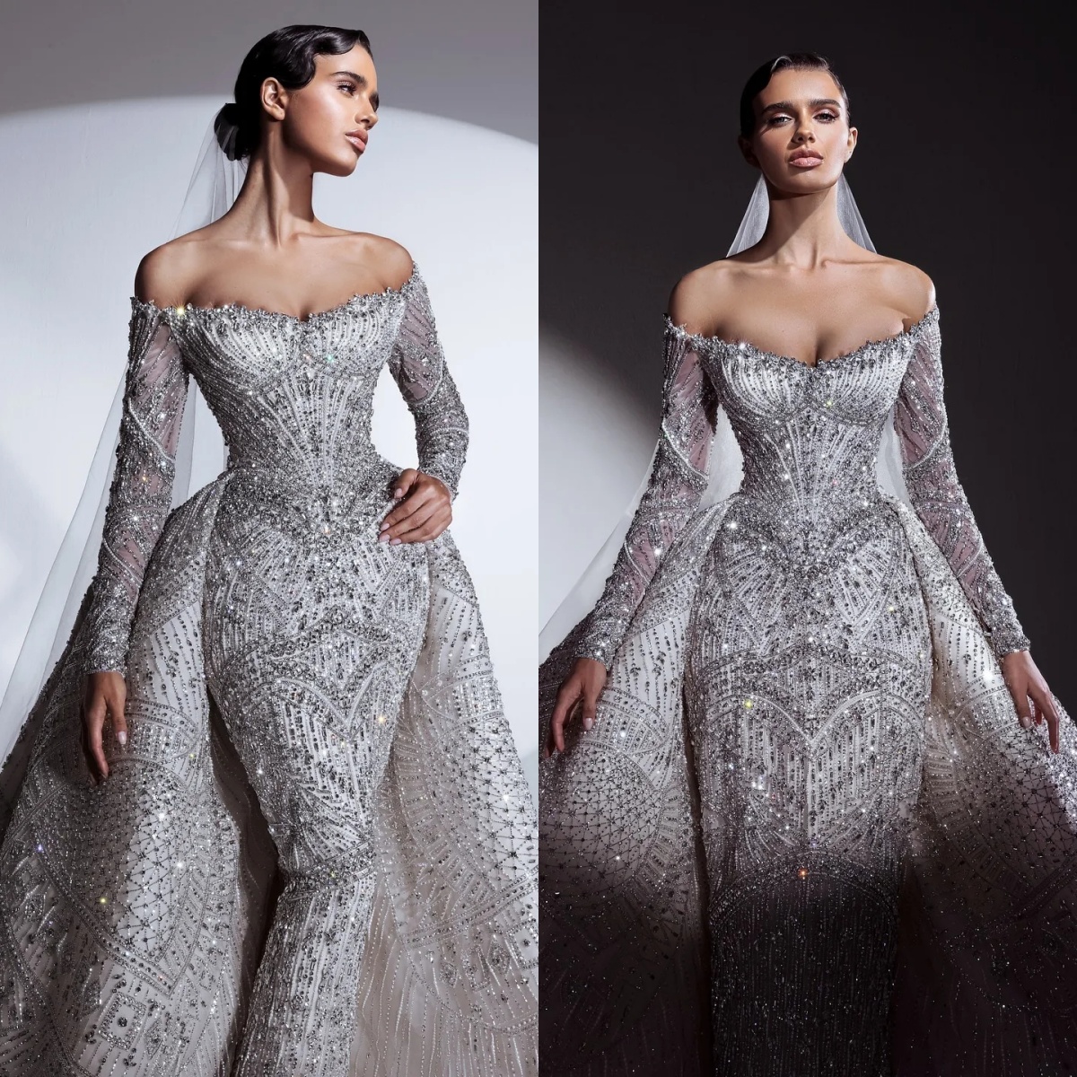Exquisite Crystal Sheath Wedding Dress Beaded Long Sleeve Bridal Dress with Detachable Train Customized vestidos de novia