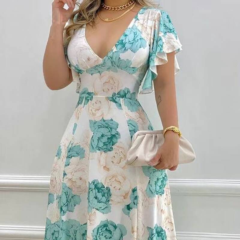 2024 New Womens Wear Independent Station Summer Flower Commuter V-neck Waist Wrap Print Large hem Dress dongdumaoyi