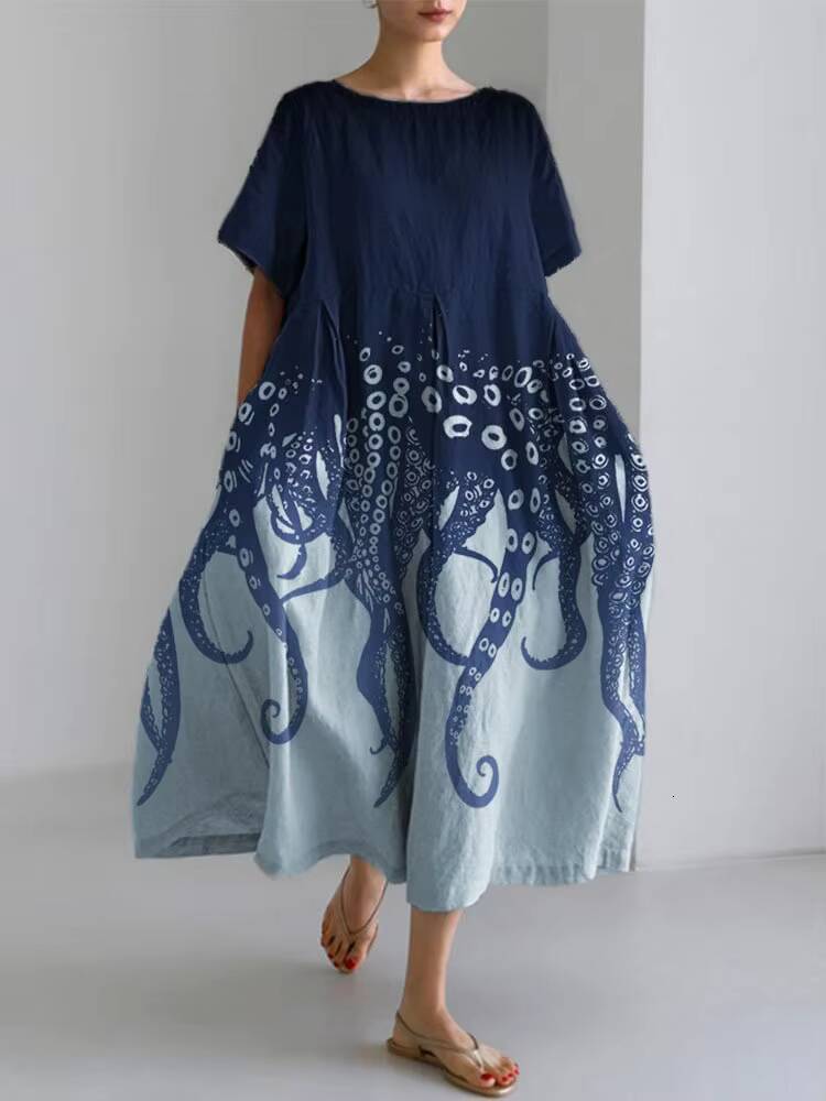 Summer Retro Japanese Womens Casual Short-sleeved Extra-long Fish Print Loose Round Neck High Waist Wide Hem Dress dongdumaoyi