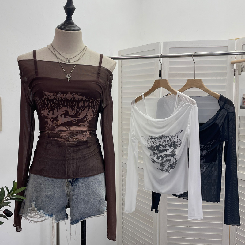 Summer New Women S T Shirt Real Shot Hot Girl Off Shoulder Mesh Sunscreen Cover Up Camisole Long Sleeve T Shirt Two Piece Set For Women New Designer T