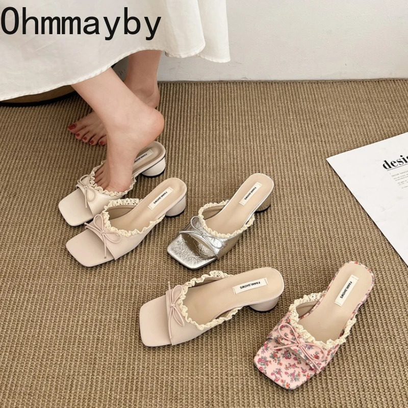 Summer Butterfly-knot Square Toe Women Slippers Elegant Thick Heel Slide Ladies Concise Beach Dress Sandalias 250712
