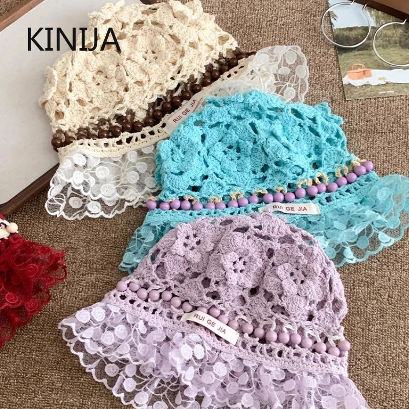 Korea Retro Knitted Hollow Out Flower Bead Hat Handmade Crochet Bucket Hat Women Summer Basin Cap Trendy Round Top Cap Girl 250715