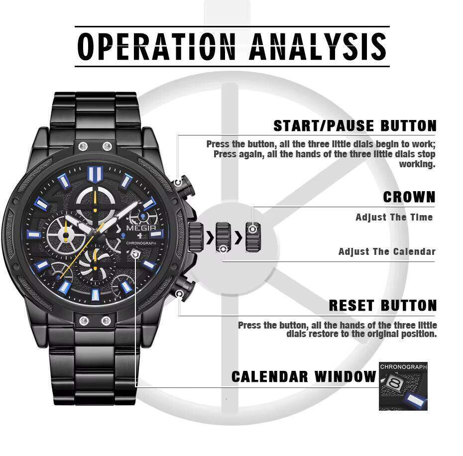 MEGIR 2108 Mens Quartz Watch Black Stainless Steel Band Chronograph Calendar Luminous Hands Waterproof Casual Simple Style