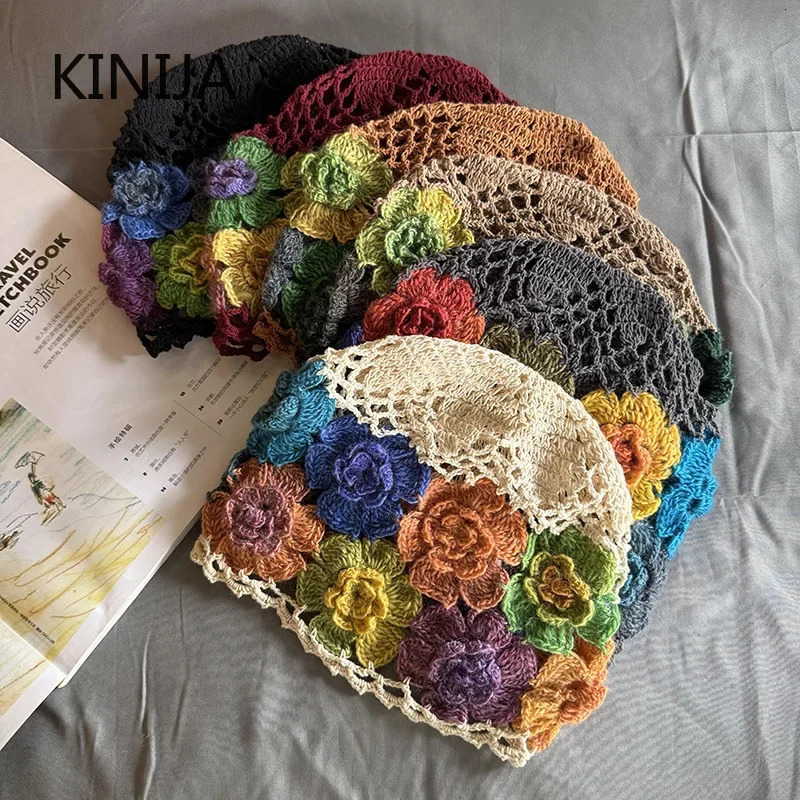 Baotou Cap Japanese Spring Literary Artistic Colorful Flower Hollow Bag Head Hat Women Sweet Fashion Hand-crocheted Beanie Cap 250715