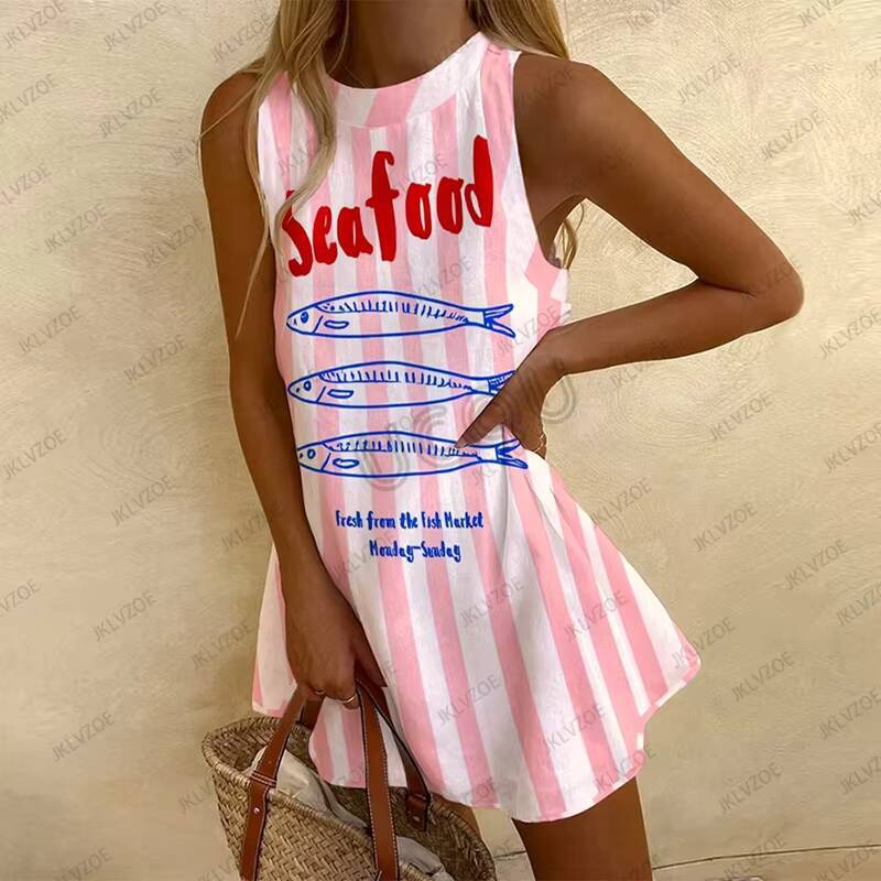Summer New Fashion Pattern Printed Womens Sleeveless O-neck Loose Tank Dress Beach Vacation Party Bohemian Girl Dresses dongdumaoyi
