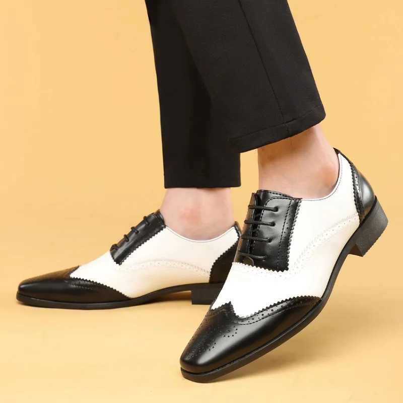 Luxury Designer Male Pointed White Black Mix Patchwork Brogues Oxford Shoes Mens Formal Wedding Dress Homecoming Mens Shoes Y250715