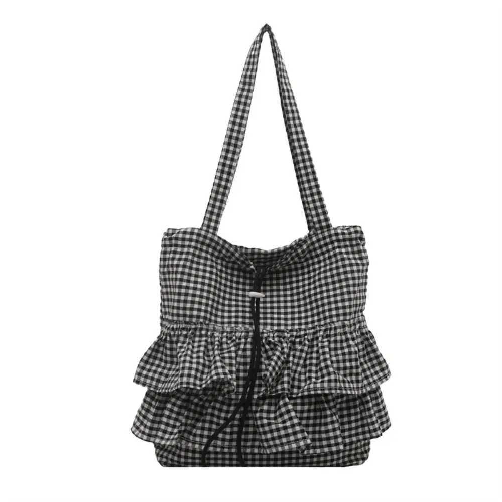 All-match Korean Style Lotus Leaf Shoulder Bag Large Capacity Bag Cloth Cute Plaid Tote Bag Storage Bag
