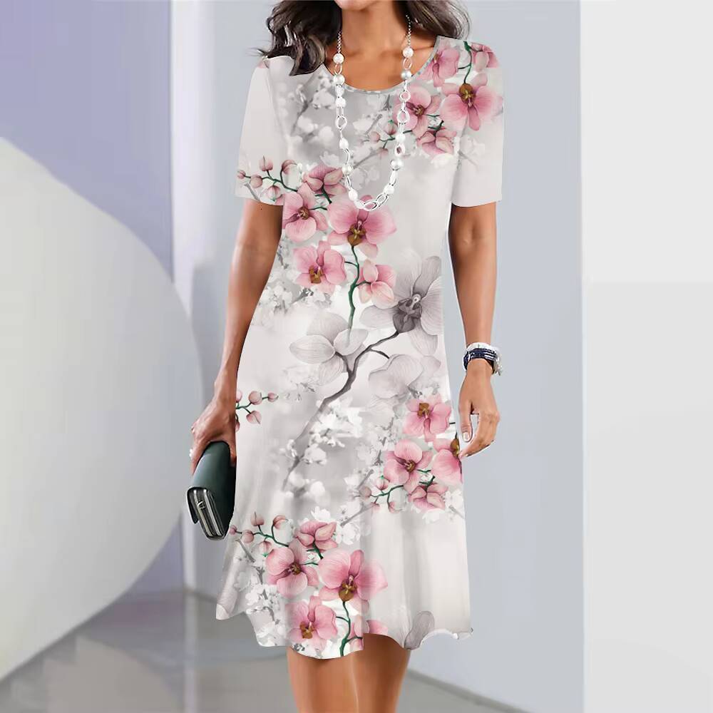 2024 Womens Floral Print Summer Elegant Midi Dresses Female Short Sleeve Dress Fashion Oversized Clothes dongdumaoyi