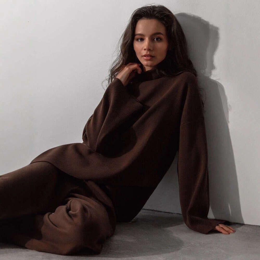 Half Turtleneck Ins Irregular Slanted Sweater + Knitted Wide-Leg Pants Two-Piece Set B5