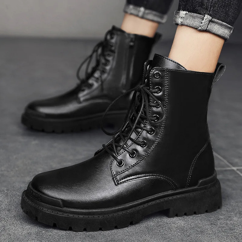 2025 Mens British-Style Chelsea Combat Boots Mid-Calf Leather Work Shoes Side Zipper Wide Fit Non-Slip Comfort Footwear for Men 250715