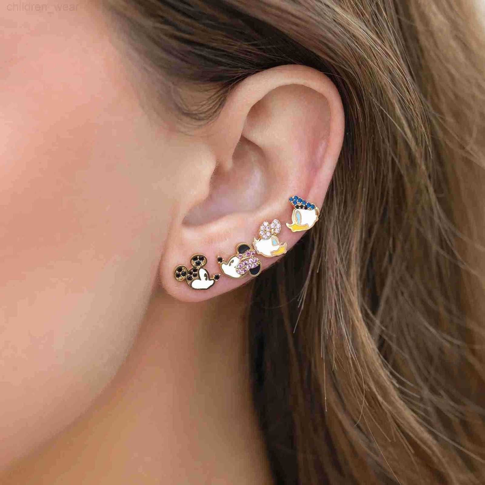 Disney 4pcs Cute Small Cartoon Animal Stud Earrings Set for Women Girls Gold Color Cubic Zircon Jewelry W20250716